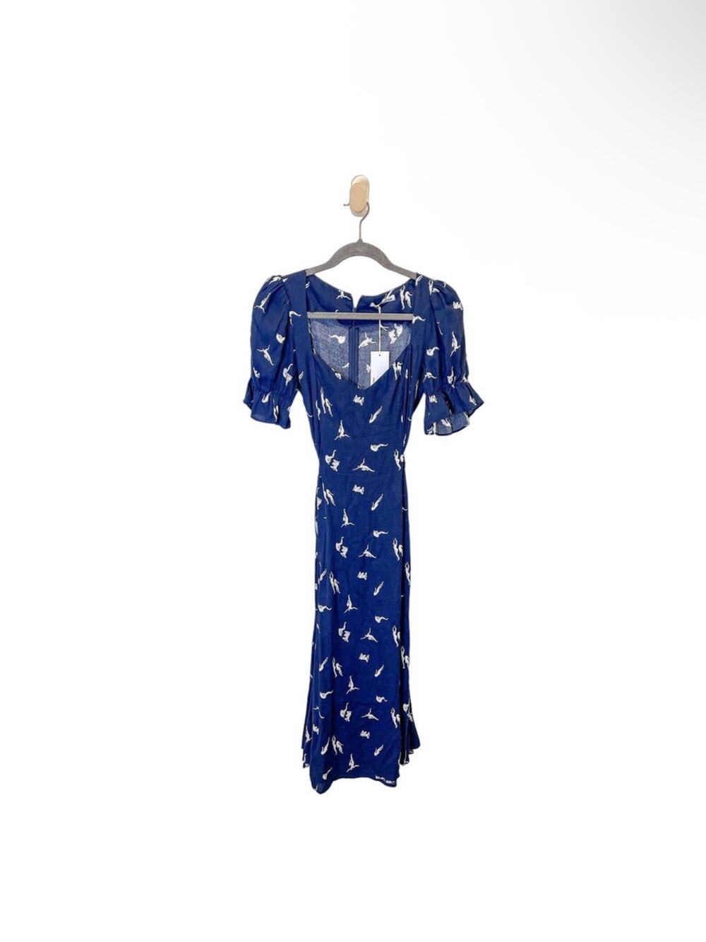 Reformation Navy Floral Puff-Sleeve Midi Dress with Side Slit - Picture 2 of 8